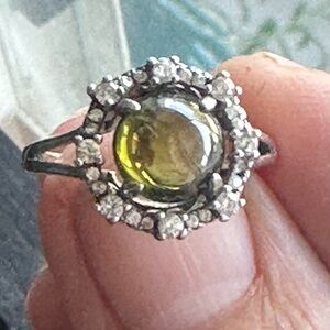 Silver Ring with Green Stone surrounded by Small Diamanté